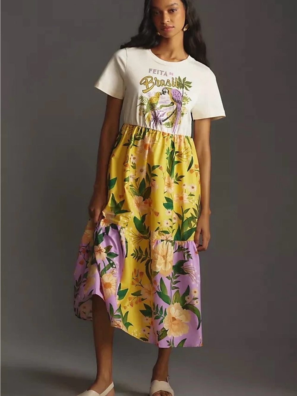 Farm Rio x Anthropologie Tiered Tee Dress – XS – Yellow and Purple floral